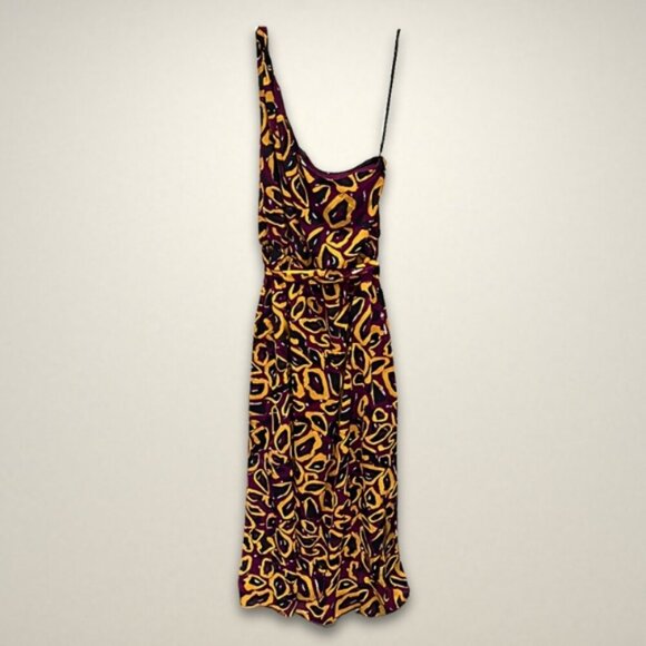 Nicole Miller Maxi Dress One-Shoulder Tie Waist Burgundy/Yellow/Black W 14 NWT‎ - Picture 1 of 9